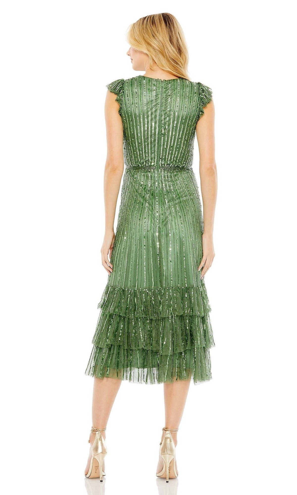 A woman faces away, wearing the Mac Duggal 5585 Cap-Sleeve Midi Party Dress in green with vertical stripes and ruffled layers, paired with beige high heels.